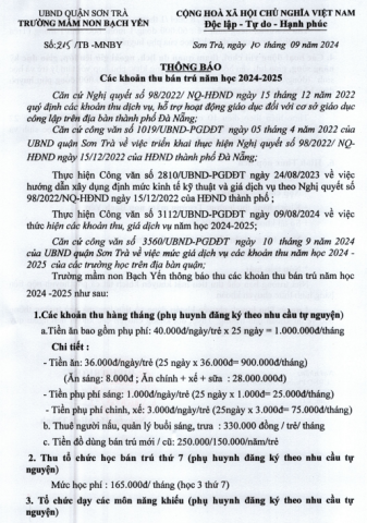 Thông báo các khoản thu bán trú năm học 2024 - 2025