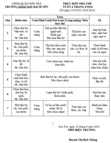 Thực đơn tháng 9/2024