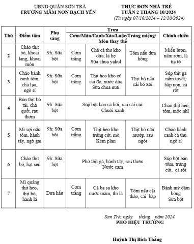 Thực đơn tháng 10/2024