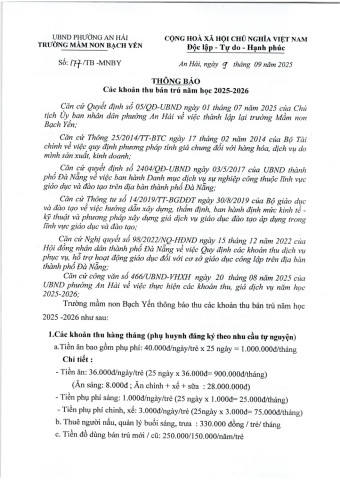 THÔNG BÁO CÁC KHOẢN THU NĂM HỌC 2025-2026