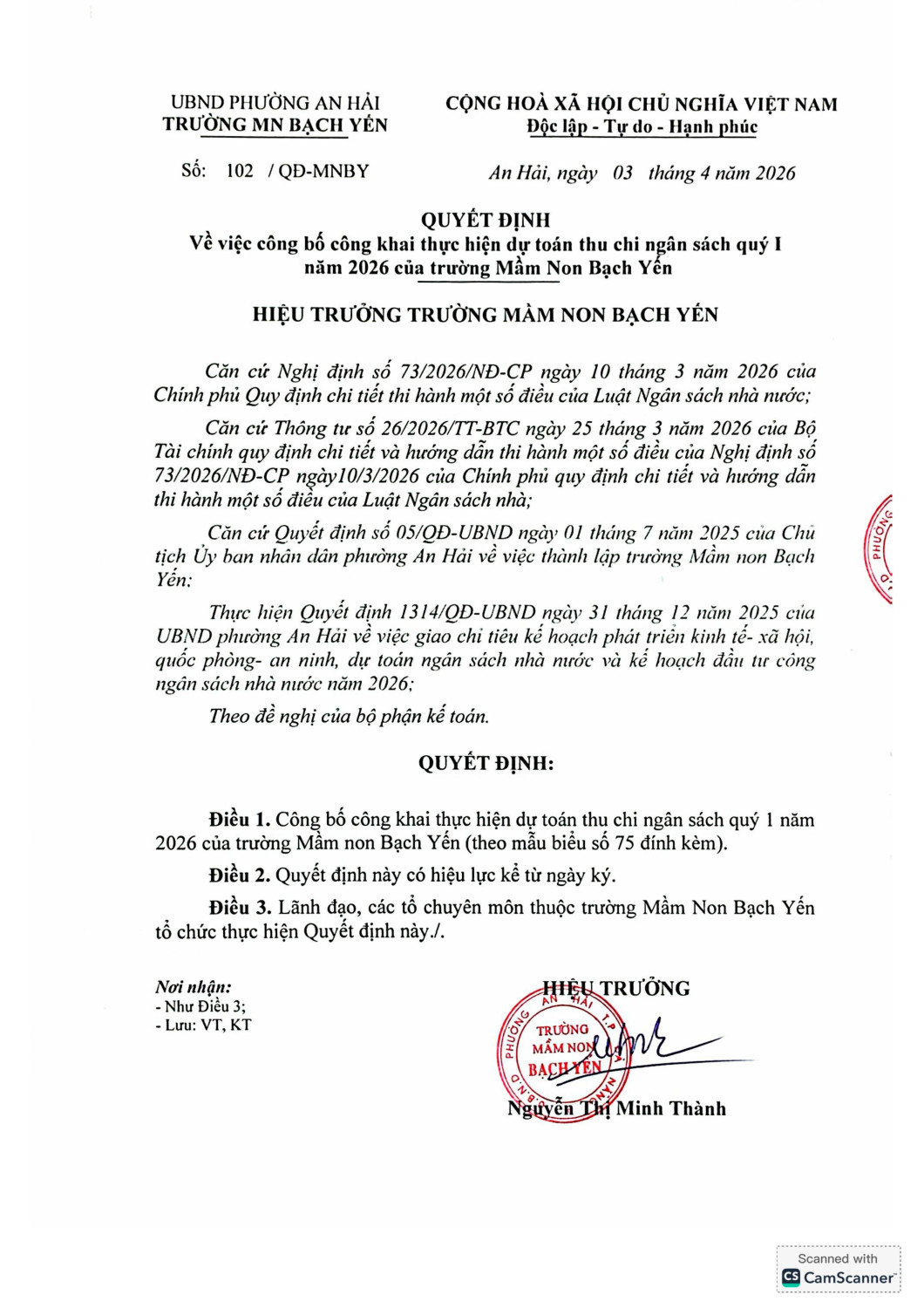 102 Quyết định Vv công bố công khai thực hiện dự toán thu chi ngân sách quý I năm 2026 hình ảnh 0