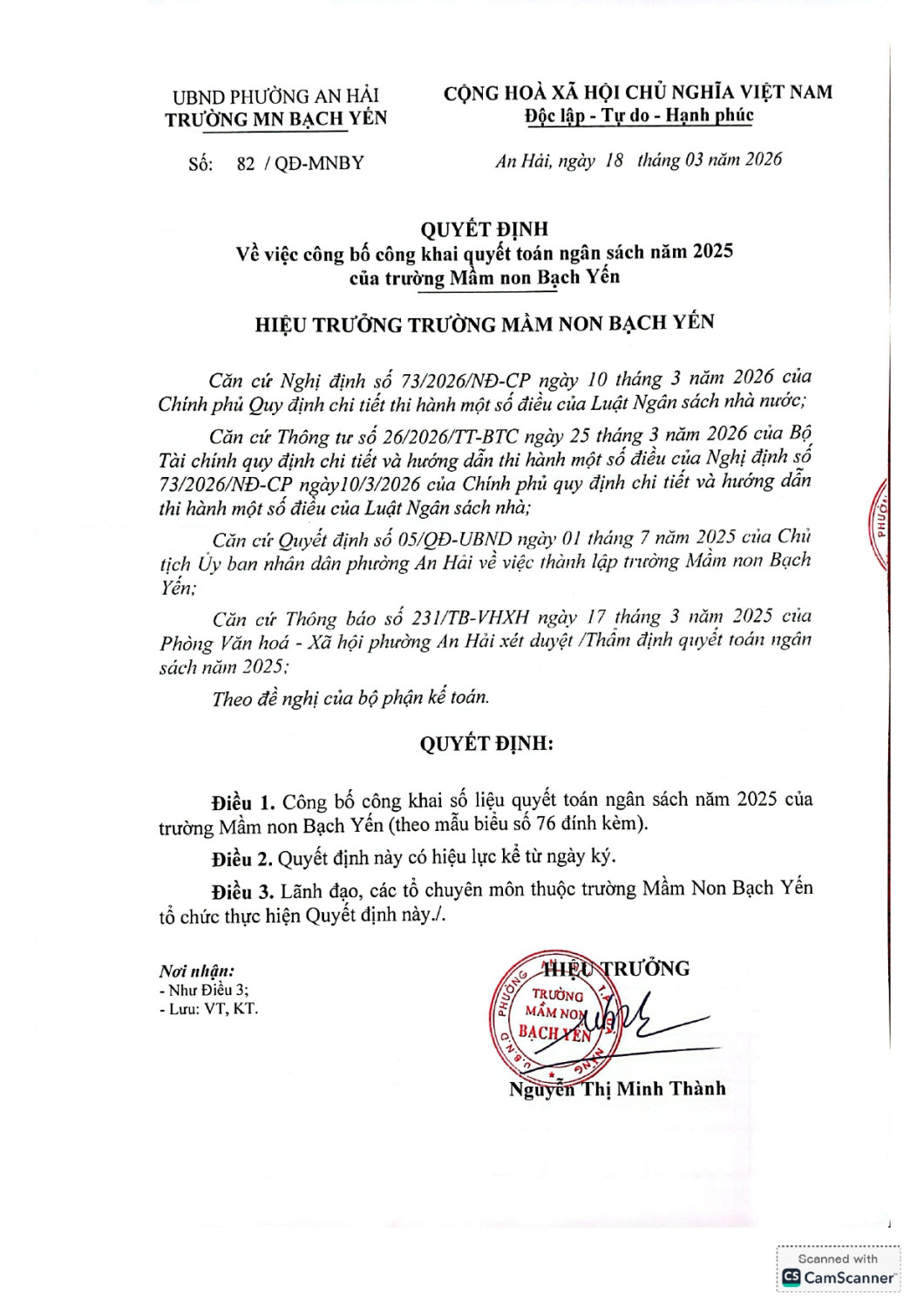 82 Quyết định Vv công bố công khai quyết toán ngân sách năm 2025 của Trường MN Bạch Yến page 0001